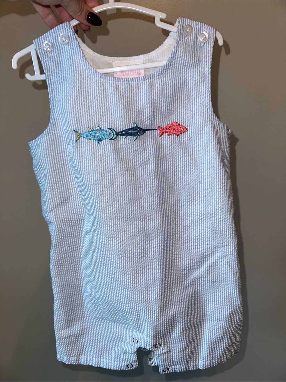 Stitchy Fish Romper Baby 12M Blue Like New Seersucker Embroidered Fish